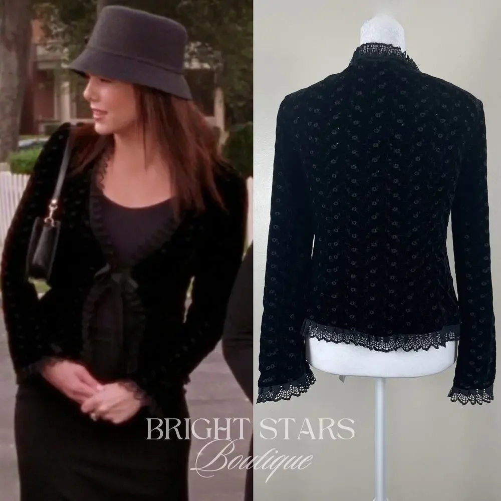 Rare Black Velvet Blazer ASO Lorelia Gilmore Girls Velvet Tie Front Lace Trim - Picture 4 of 13